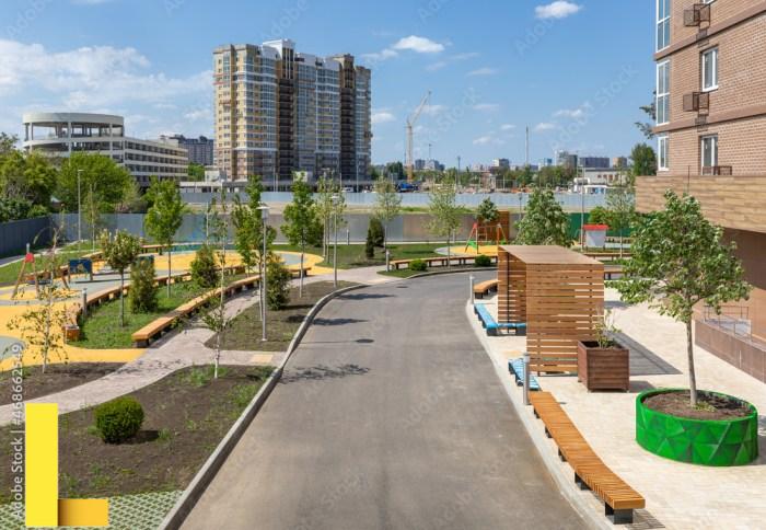 New residential building with playgrounds and green recreation areas ...