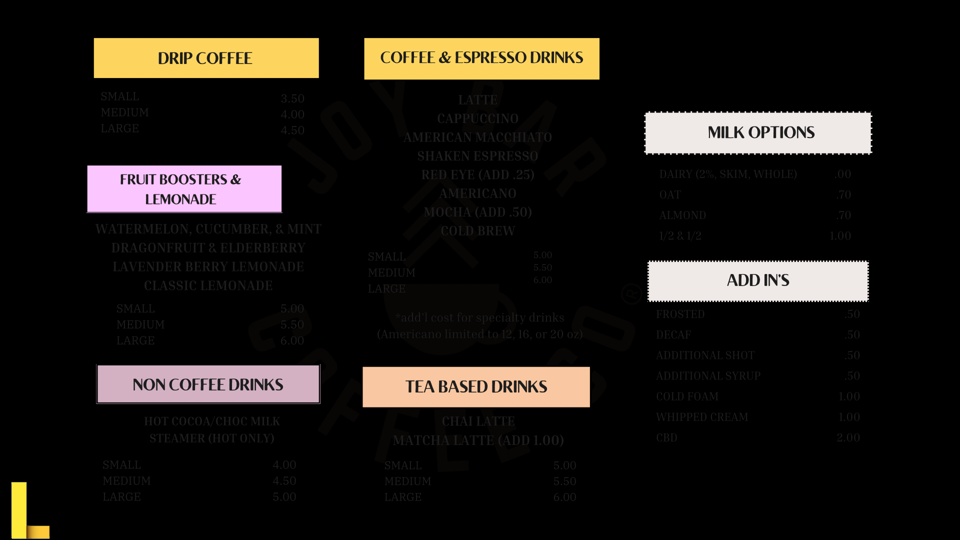 Joyology recreational menu
