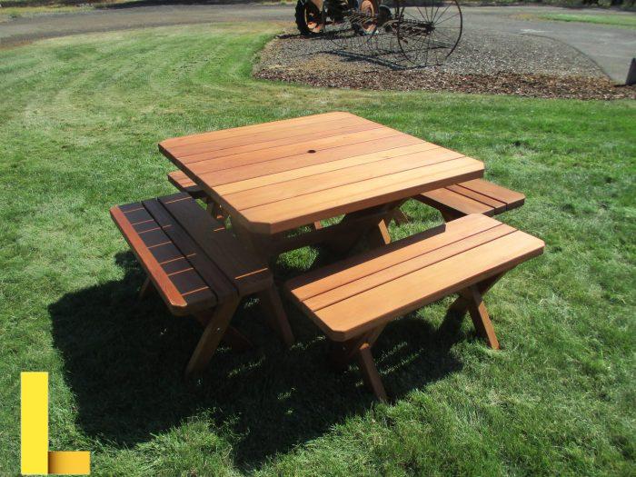 Redwood picnic table and benches